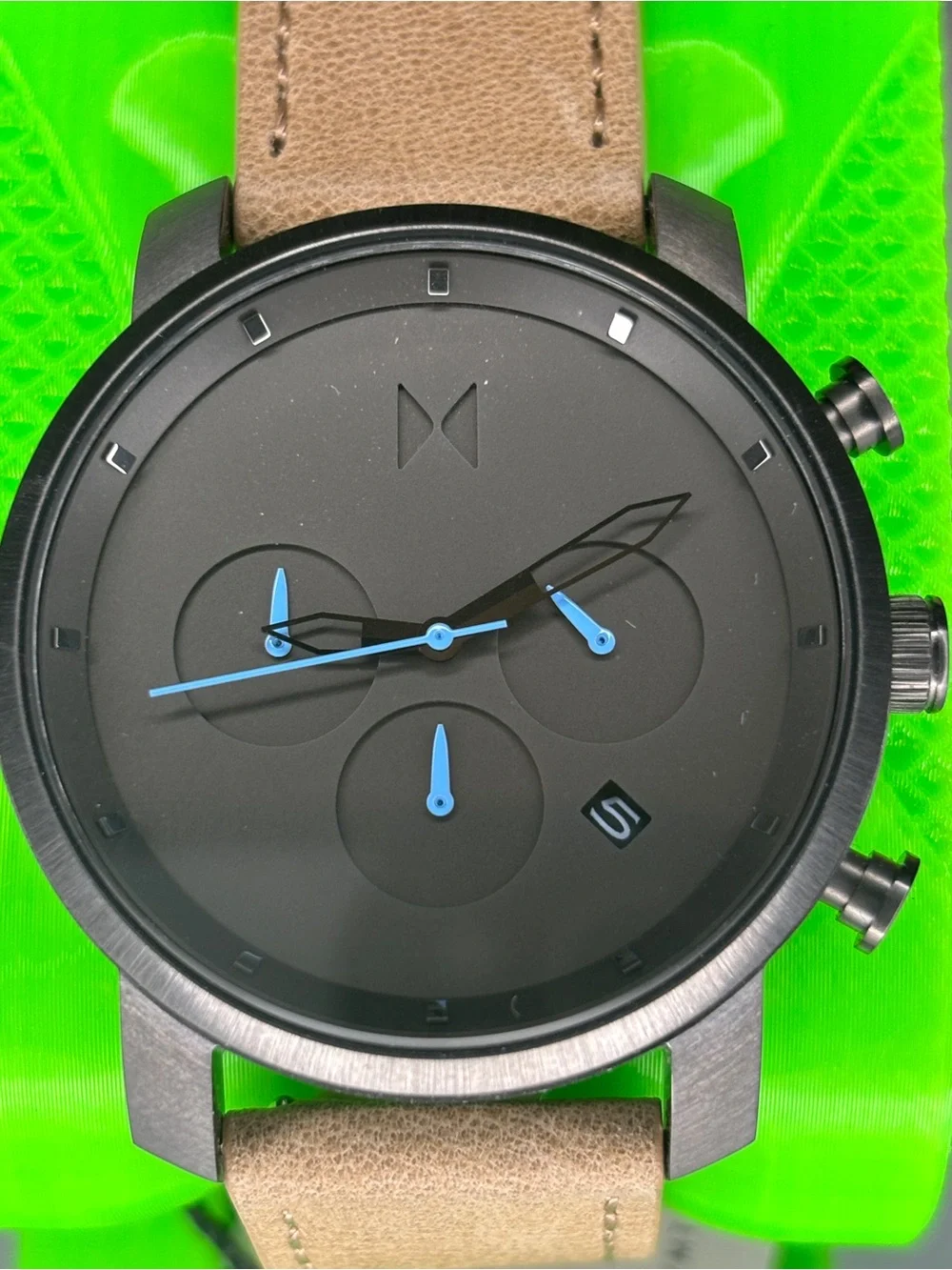 MVMT Black Dial Chronograph with Tan Leather Strap and Blue Hands